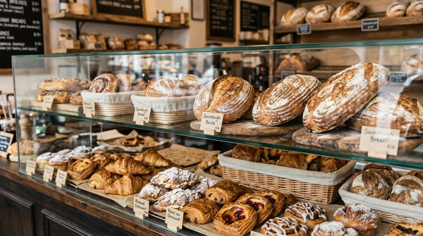 Vitrine de madeira e vidro com croissants, pães e doces frescos recém-saídos do forno