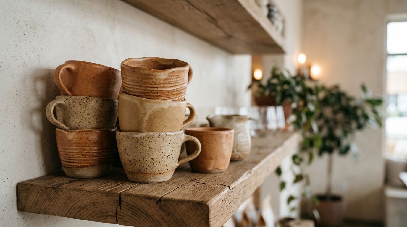 Xícaras de cerâmica artesanal com latte art finalizado à mão sobre a mesa